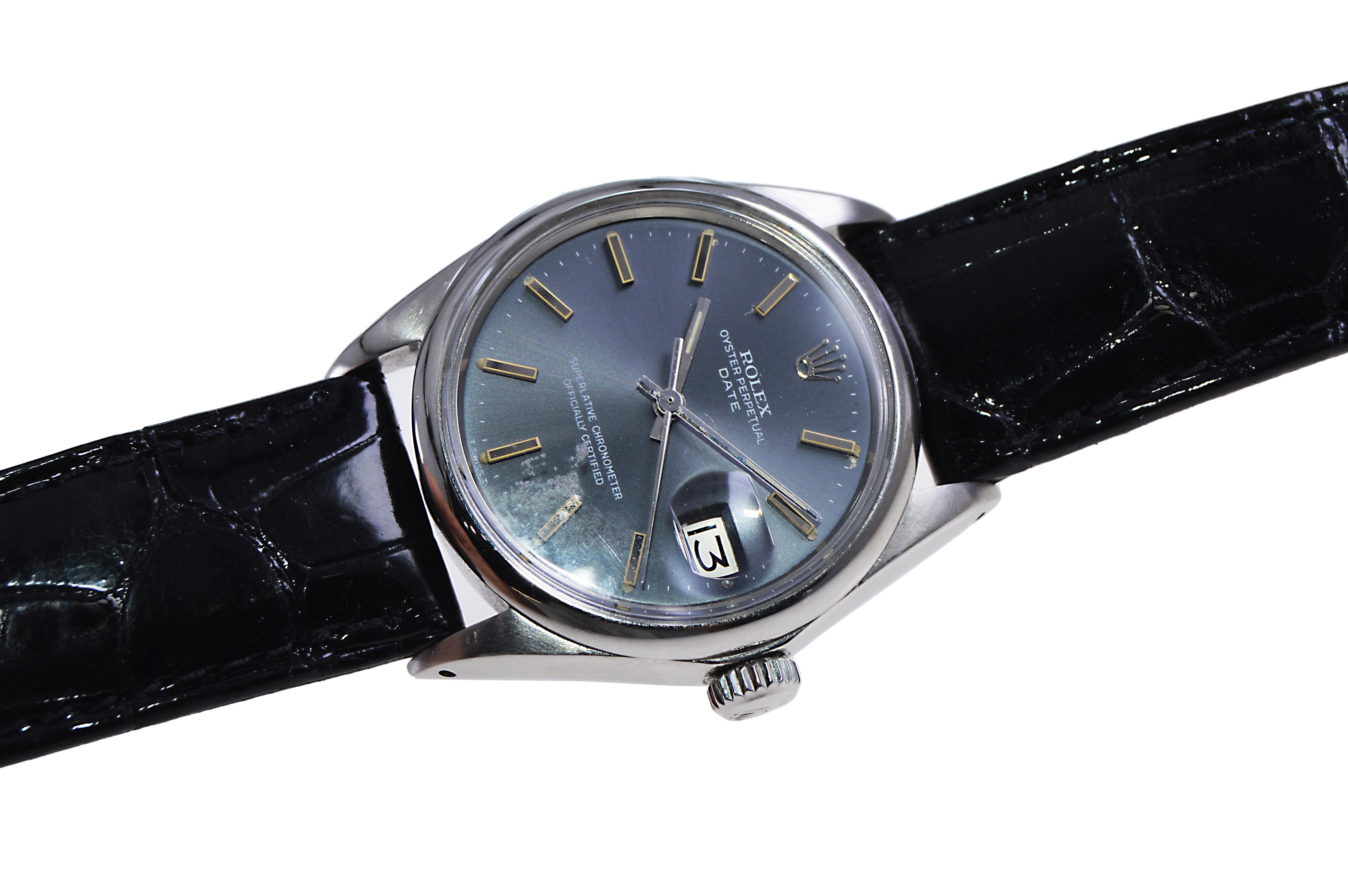 Modernist Rolex Steel Oyster Perpetual Date with Rare Slate Blue Dial from Early 1970's For Sale