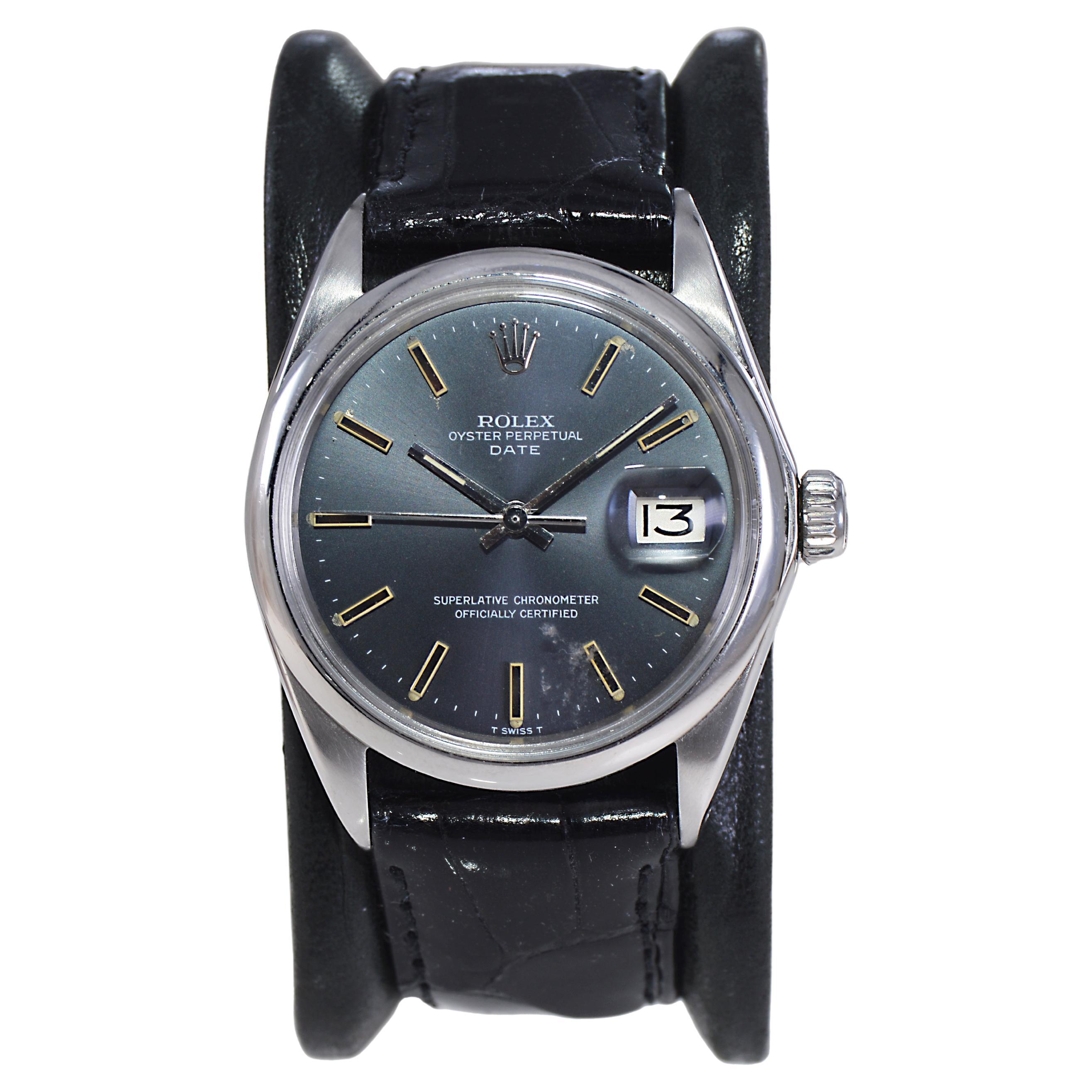 Rolex Steel Oyster Perpetual Date with Rare Slate Blue Dial from Early 1970's For Sale