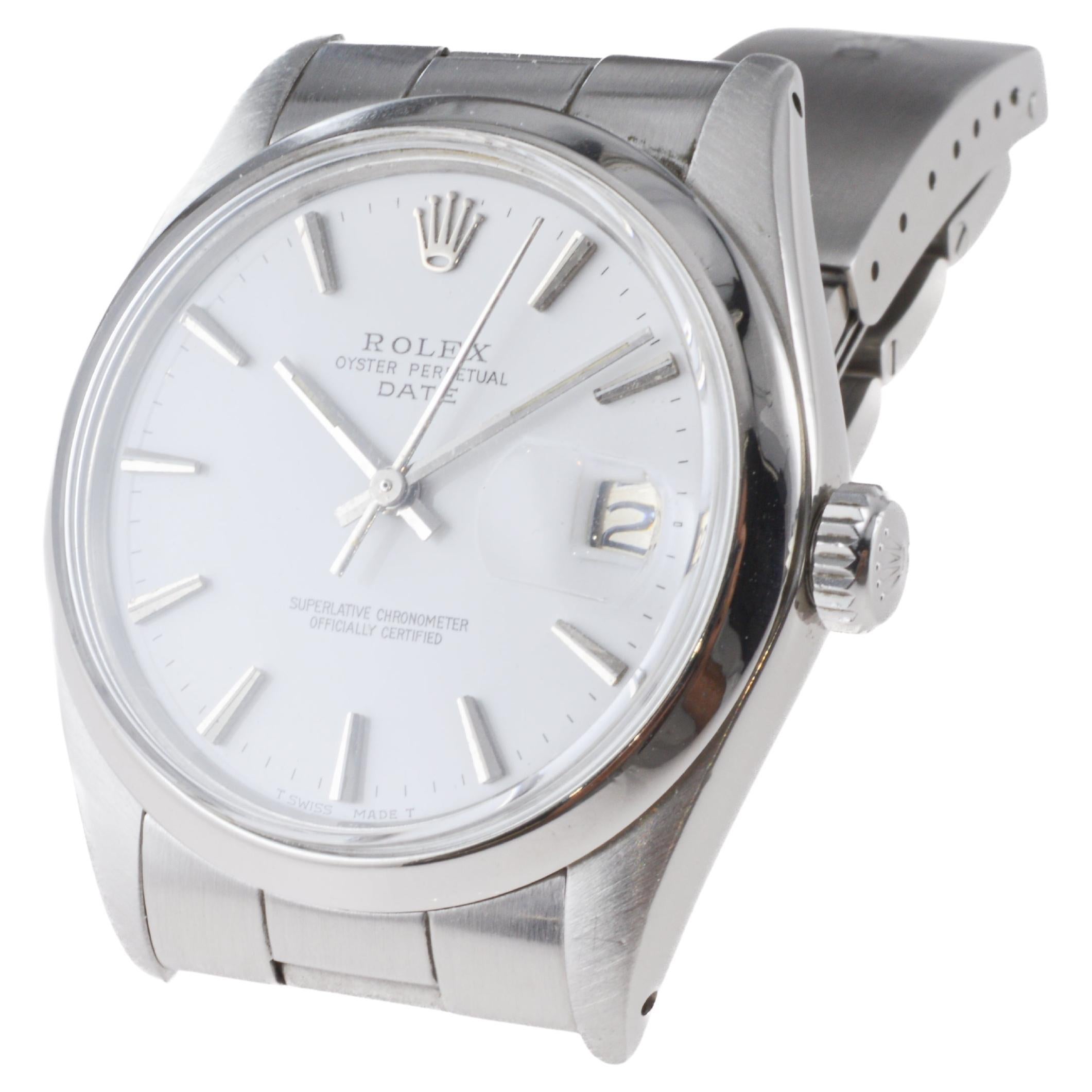 Rolex Steel Oyster Perpetual Date with Rare White Dial circa, 1960's For Sale 5