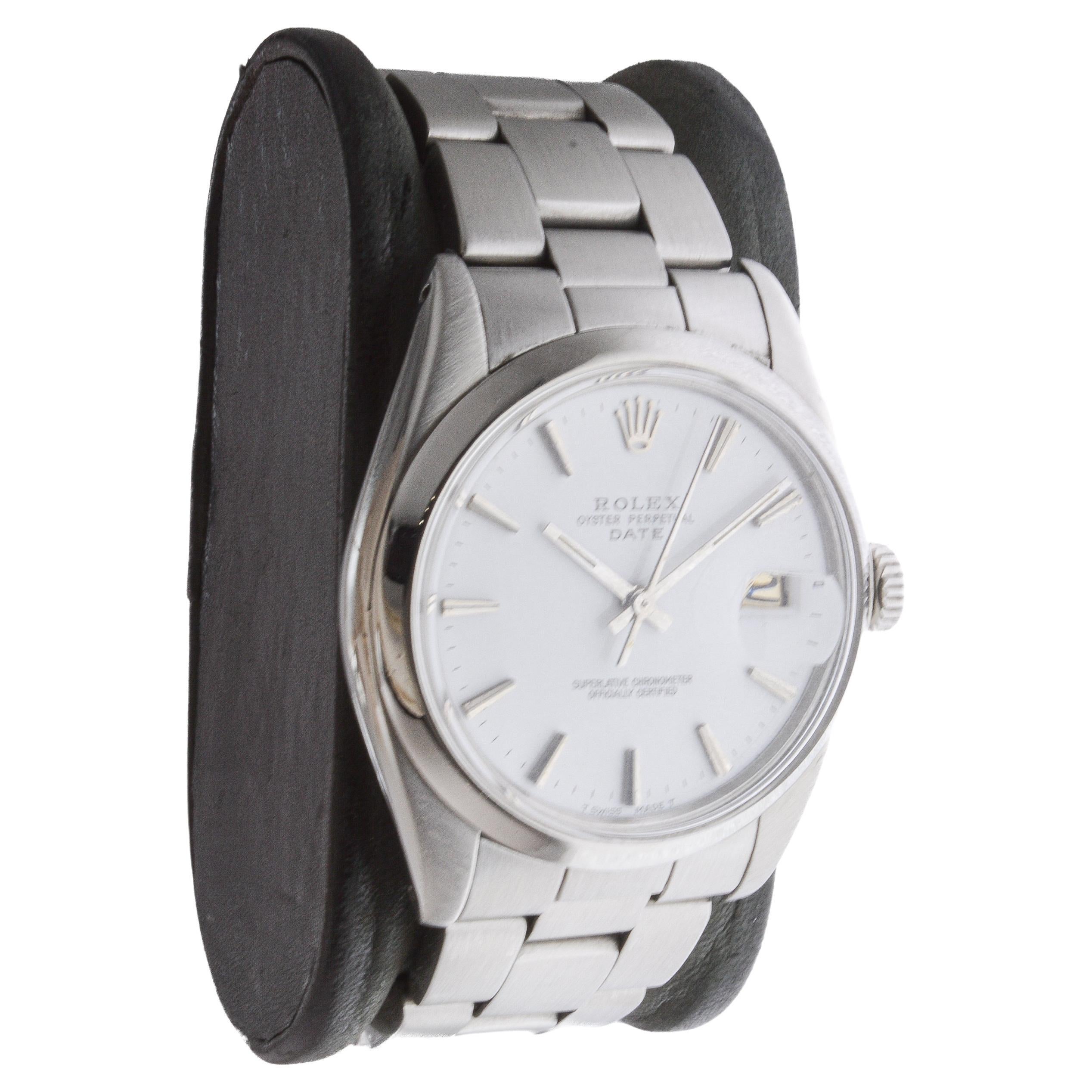FACTORY / HOUSE: Rolex Watch Company
STYLE / REFERENCE: Oyster Perpetual Date / Reference 1500
METAL / MATERIAL: Stainless Steel
CIRCA / YEAR: 1970's
DIMENSIONS / SIZE: Length 42mm X Diameter 35mm
MOVEMENT / CALIBER: Perpetual Winding / 26 Jewels /