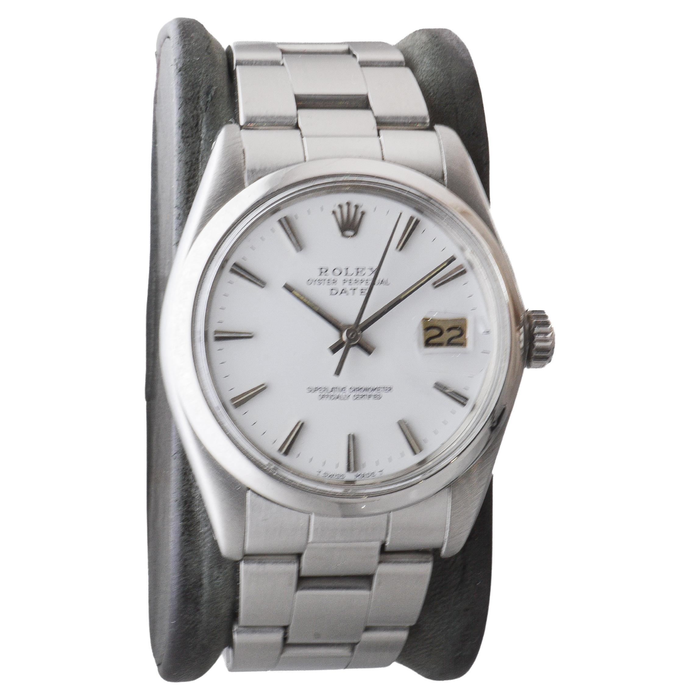 Modern Rolex Steel Oyster Perpetual Date with Rare White Dial circa, 1960's For Sale