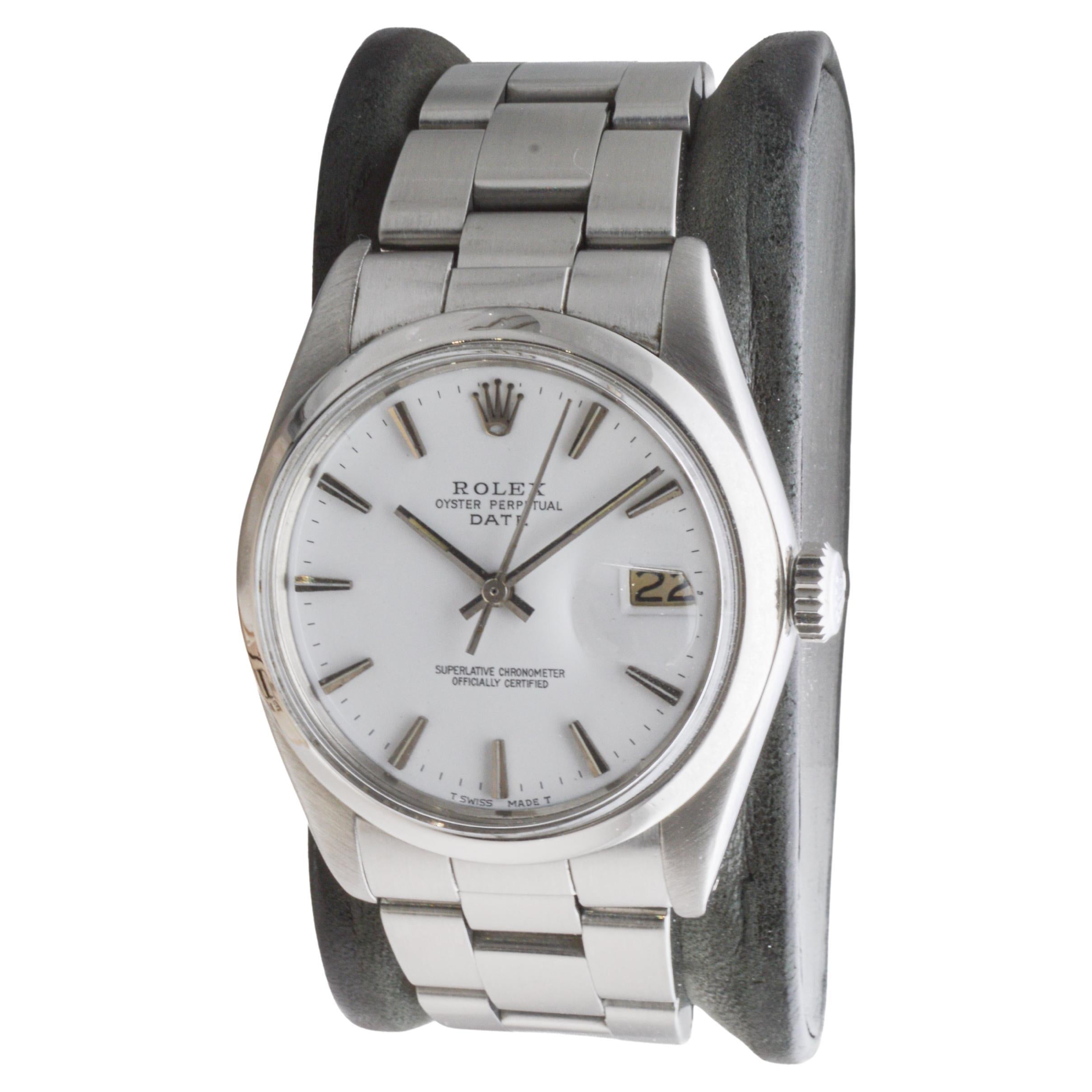 Women's or Men's Rolex Steel Oyster Perpetual Date with Rare White Dial circa, 1960's For Sale