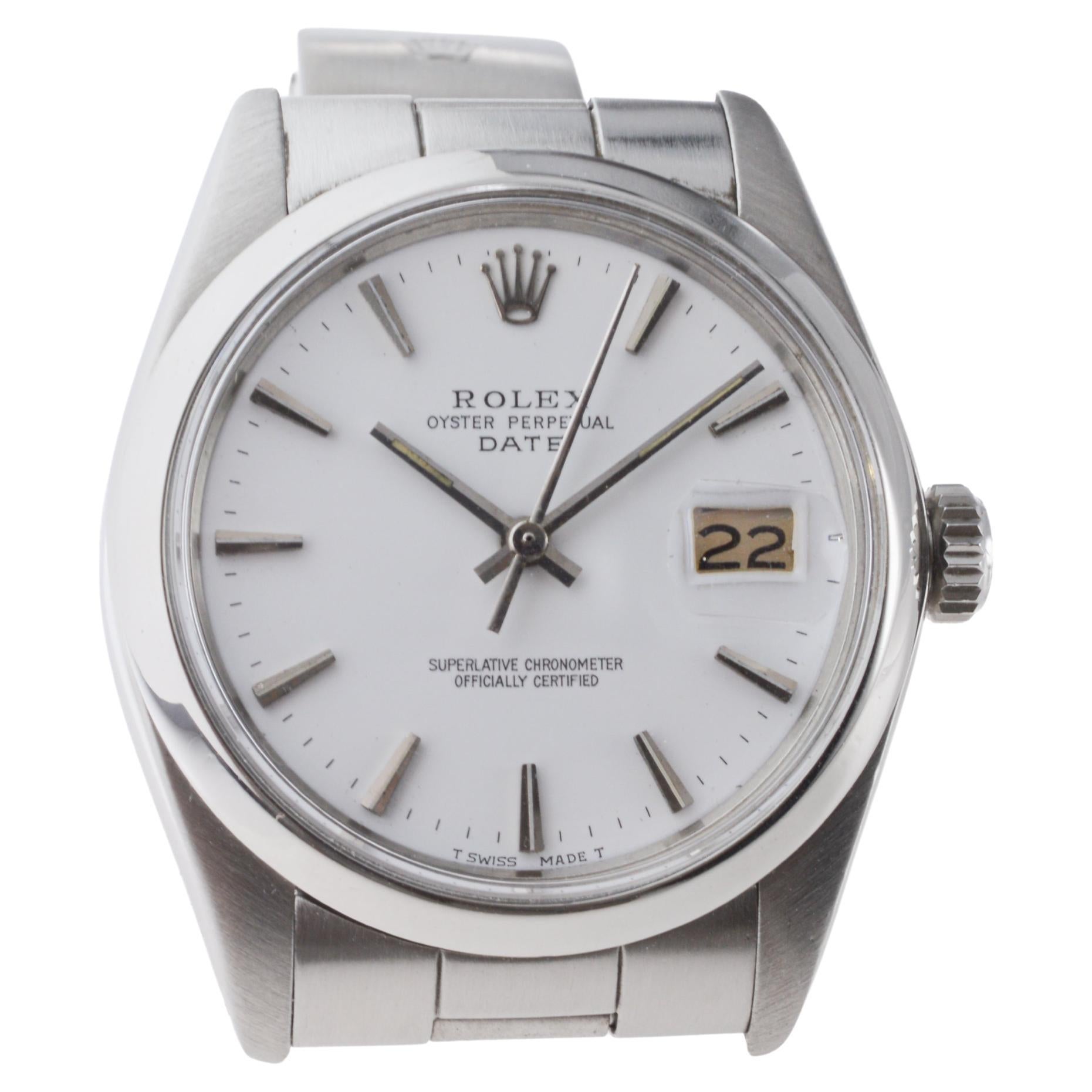 Rolex Steel Oyster Perpetual Date with Rare White Dial circa, 1960's For Sale 4