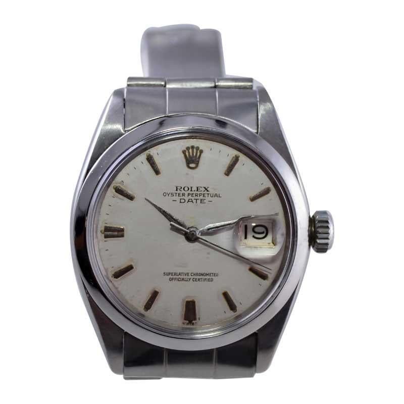 Women's or Men's Rolex Steel Oyster Perpetual Date with Remarkable Original Patinated Dial 1960's For Sale