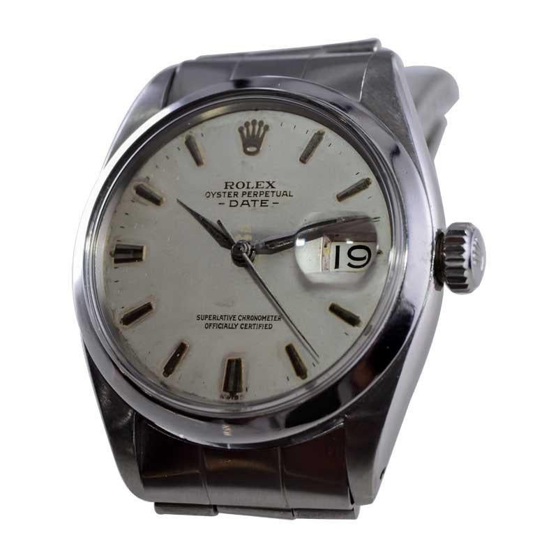Rolex Steel Oyster Perpetual Date with Remarkable Original Patinated Dial 1960's For Sale 1
