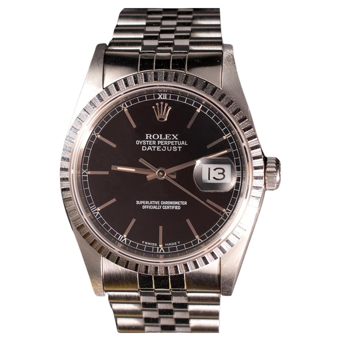 Rolex Steel Oyster Perpetual Datejust Black Dial 16220 Watch w/Paper & Tag, 1993 For Sale