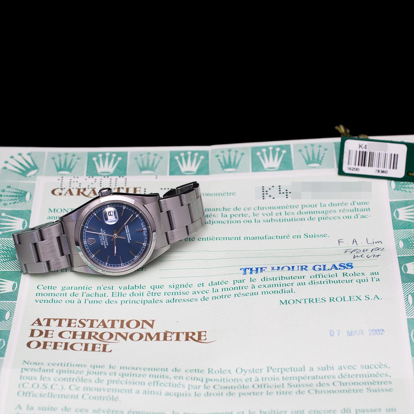 Brand: Vintage Rolex
Model: 16200
Year: 2001
Serial number: K4xxxxx
Reference: C03842

Case: 36mm Steel Case without crown; Show sign of wear with slight polish from previous; inner case back stamped 2080

Dial: Excellent Condition Blue Dial w/