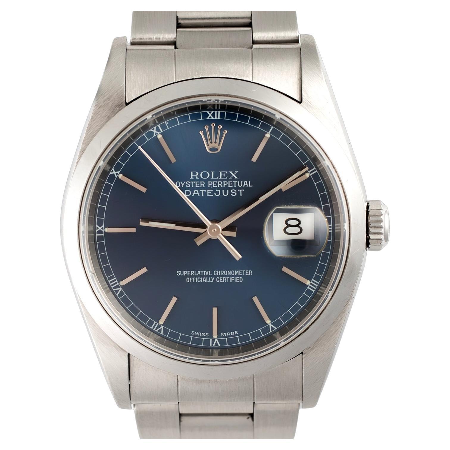 Rolex Steel Oyster Perpetual Datejust Blue Dial 16200 Auto. Watch w/ Paper, 2001