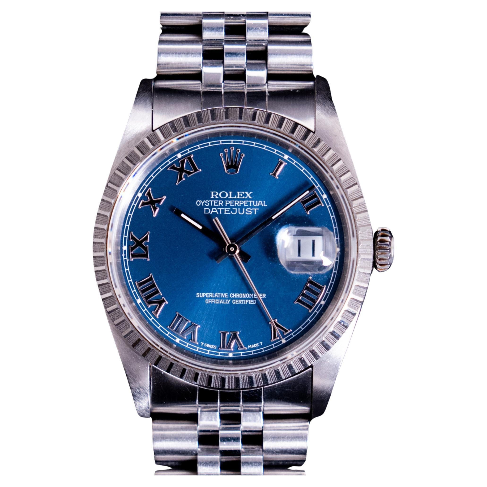 Rolex Steel Oyster Perpetual Datejust Blue Roman Dial 16220 Watch w/ Paper, 1993 For Sale