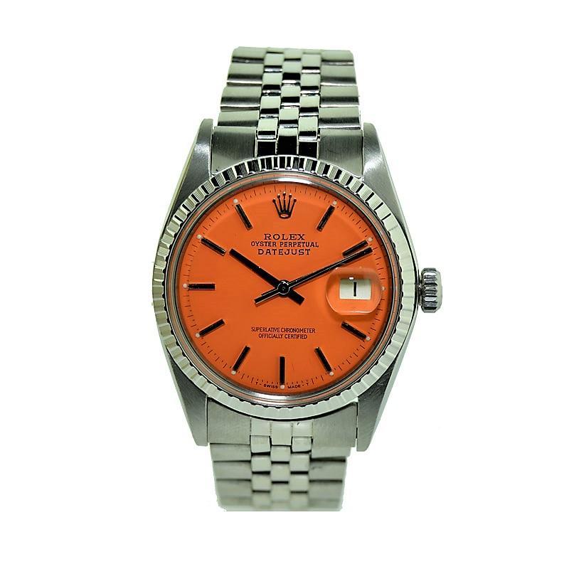 FACTORY / HOUSE: Oyster Perpetual Datejust
STYLE / REFERENCE: Datejust / 1601
METAL / MATERIAL: Stainless Steel
CIRCA: 1977
DIMENSIONS: 44mm x 36mm
MOVEMENT / CALIBER:  Perpetual Winding / 26 Jewels / Cal. 1570
DIAL / HANDS: Custom Made Dial Baton