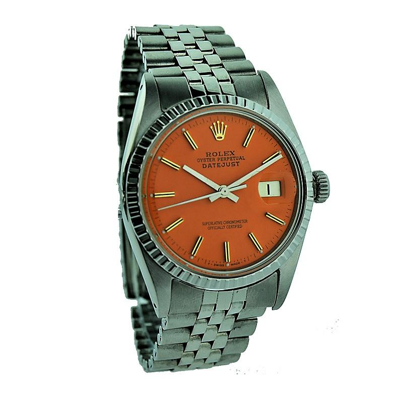 Rolex Steel Oyster Perpetual Datejust Custom Orange Dial, circa 1970s In Excellent Condition In Long Beach, CA