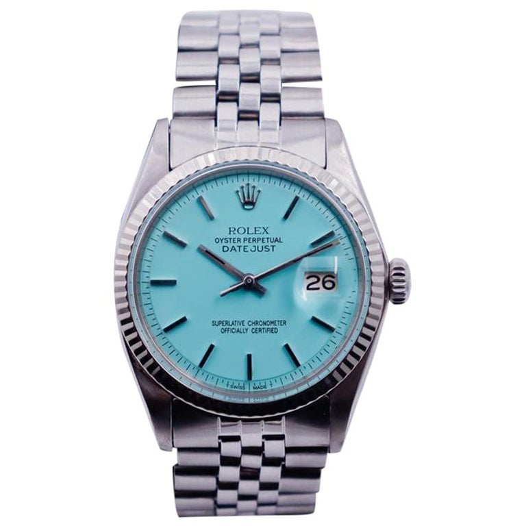 Rolex Oyster Perpetual Datejust in acciaio con quadrante blu personalizzato, anni 
70
