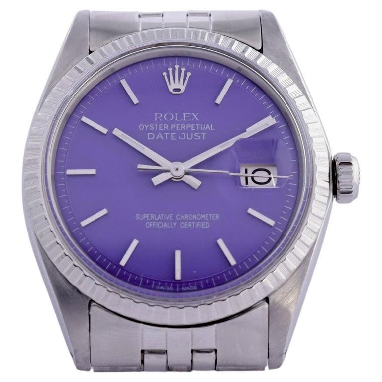Modern Rolex Steel Oyster Perpetual Datejust with Custom Finished Purple Dial, 1960s For Sale