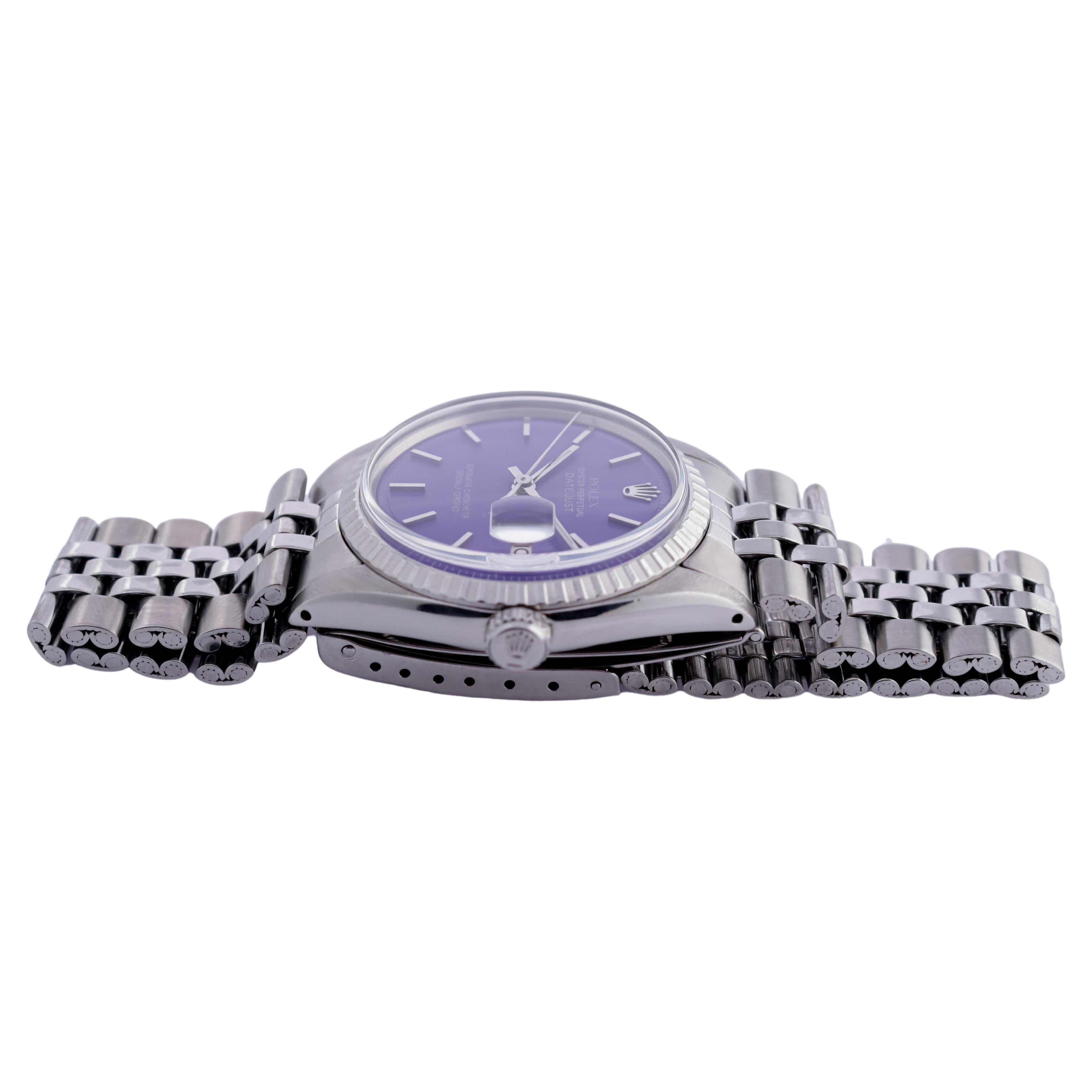 Women's or Men's Rolex Steel Oyster Perpetual Datejust with Custom Finished Purple Dial, 1960s For Sale