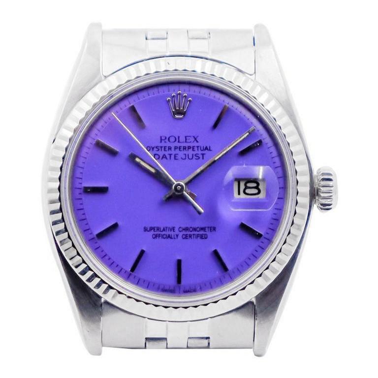 Moderne Rolex Montre Oyster Perpetual Datejust en acier avec cadran violet fini sur mesure, années 1970 en vente