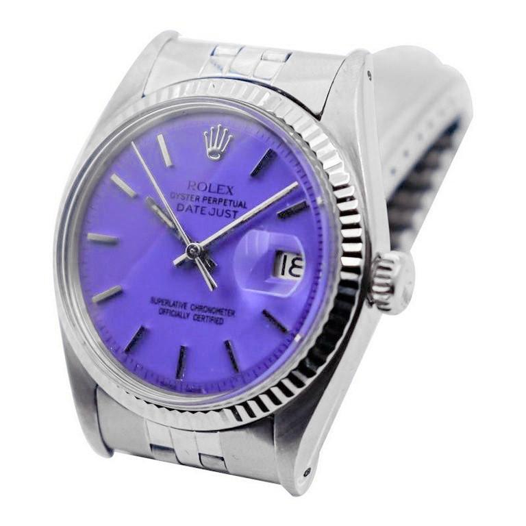 Modern Rolex Steel Oyster Perpetual Datejust with Custom Finished Purple Dial, 1970's For Sale