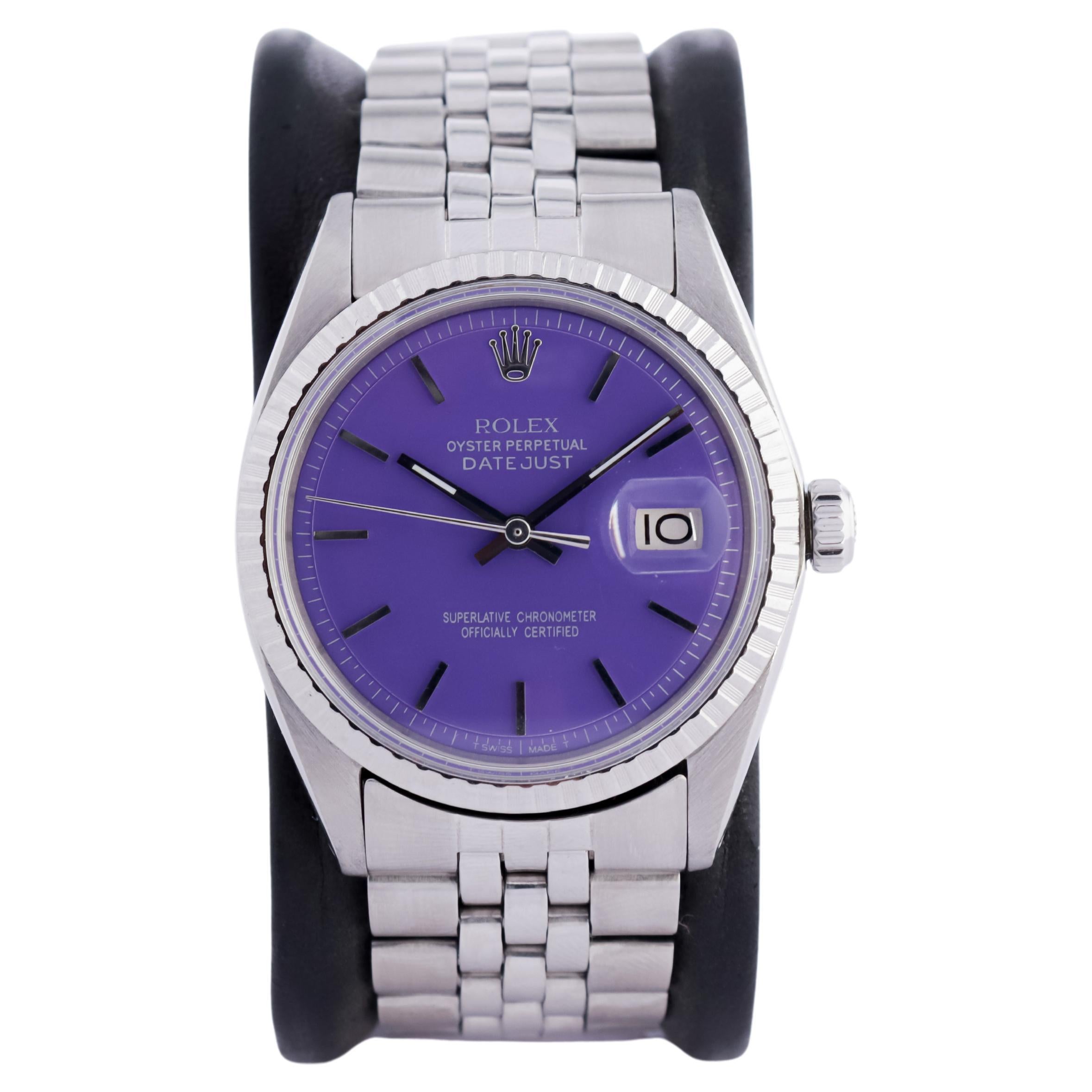 Rolex Steel Oyster Perpetual Datejust with Custom Finished Purple Dial, 1970s For Sale