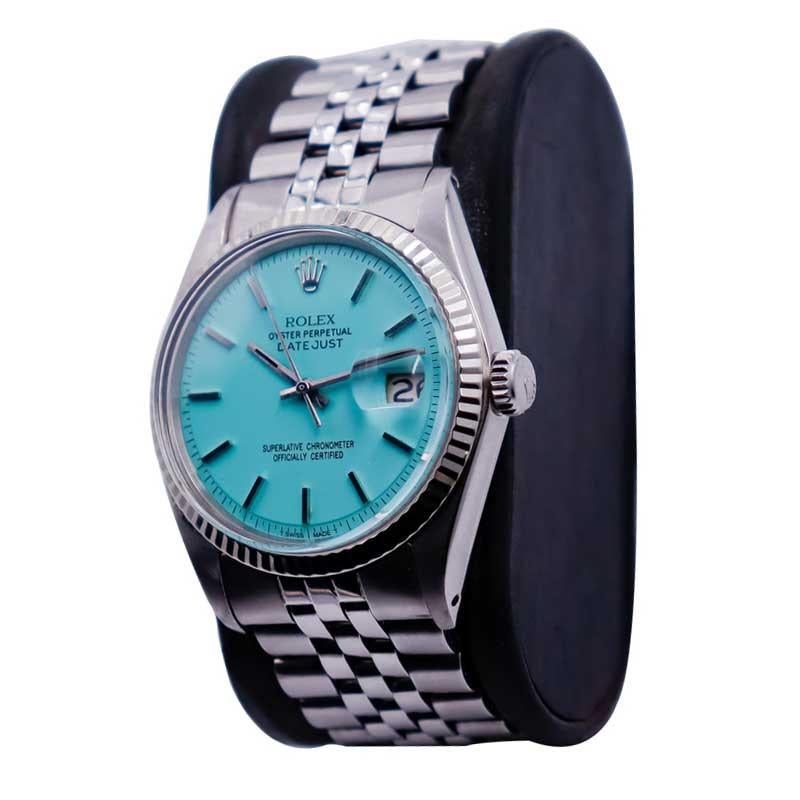 Modern Rolex Steel Oyster Perpetual Datejust with Custom Made T. Blue Dial, 1970s For Sale