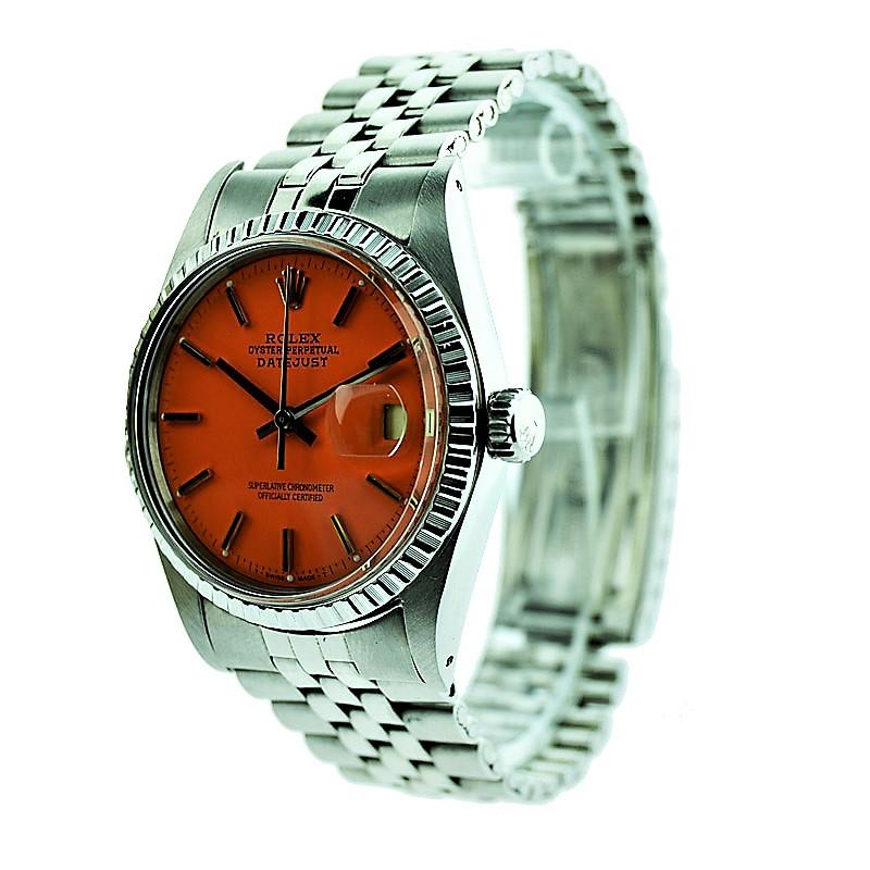 Modern Rolex Steel Oyster Perpetual Datejust with Custom Orange Dial, 1960s For Sale