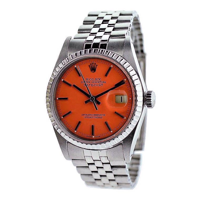 Rolex Steel Oyster Perpetual Datejust with Custom Orange Dial, 1970s In Excellent Condition In Long Beach, CA