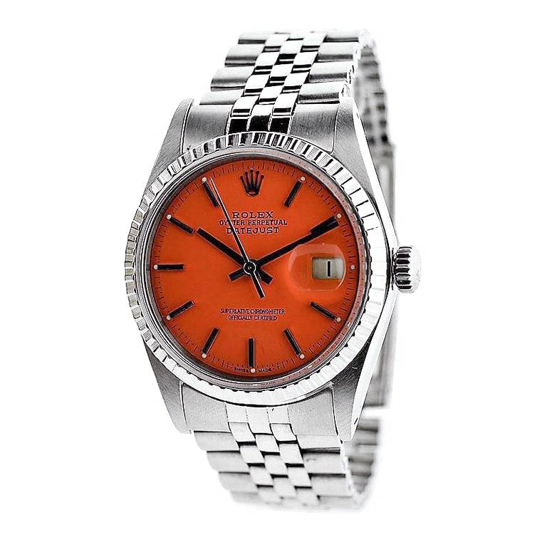 Rolex Steel Oyster Perpetual Datejust with Custom Orange Dial, 1970s In Excellent Condition For Sale In Long Beach, CA