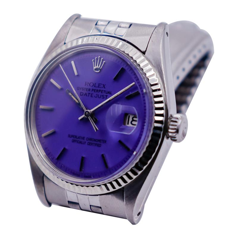 Modern Rolex Steel Oyster Perpetual Datejust with Custom Purple Dial, 1960s For Sale