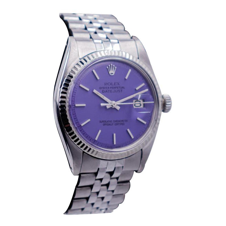 Rolex Oyster Perpetual Datejust in acciaio con quadrante viola personalizzato, anni '60