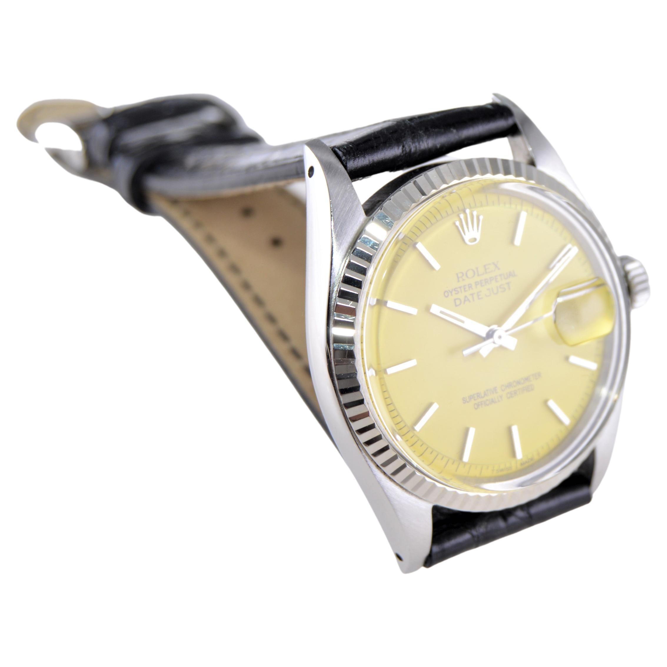 Modern Rolex Steel Oyster Perpetual Datejust with Custom Yellow Dial, 1960s For Sale