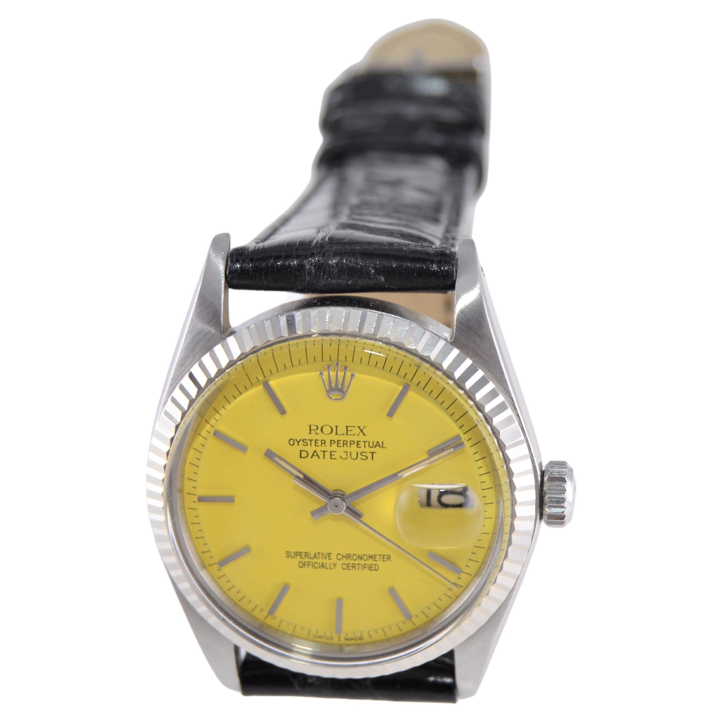 Rolex Steel Oyster Perpetual Datejust with Custom Yellow Dial, 1960s In Excellent Condition For Sale In Long Beach, CA
