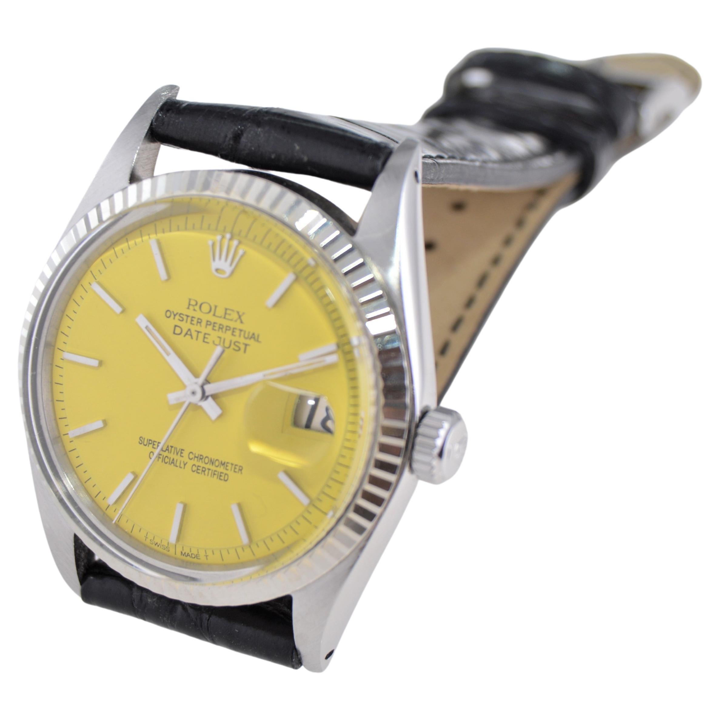 Women's or Men's Rolex Steel Oyster Perpetual Datejust with Custom Yellow Dial, 1960s For Sale