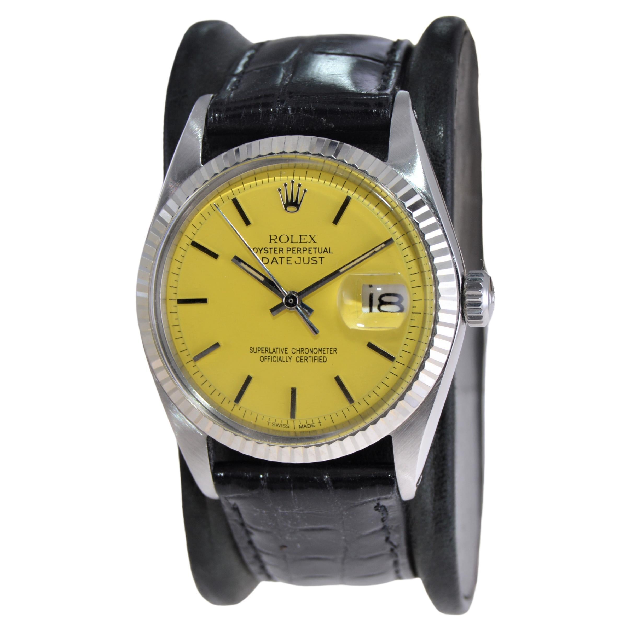 Modern Rolex Steel Oyster Perpetual Datejust with Custom Yellow Dial, 1970s For Sale