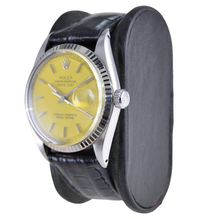 Rolex Steel Oyster Perpetual Datejust with Custom Yellow Dial, 1970s In Excellent Condition For Sale In Long Beach, CA