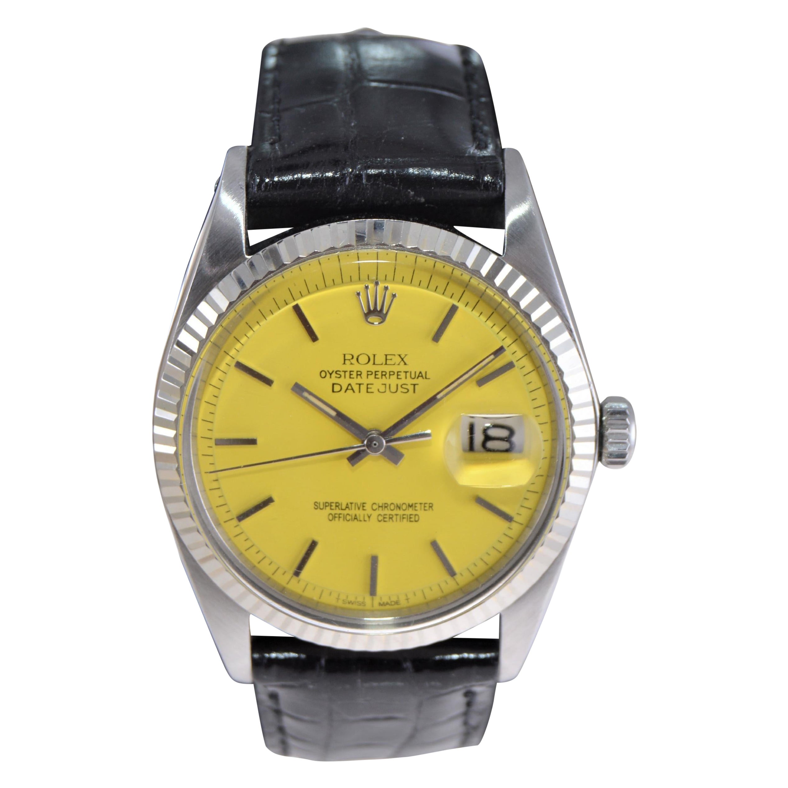 Rolex Oyster Perpetual Datejust in acciaio con quadrante giallo personalizzato, anni '1970