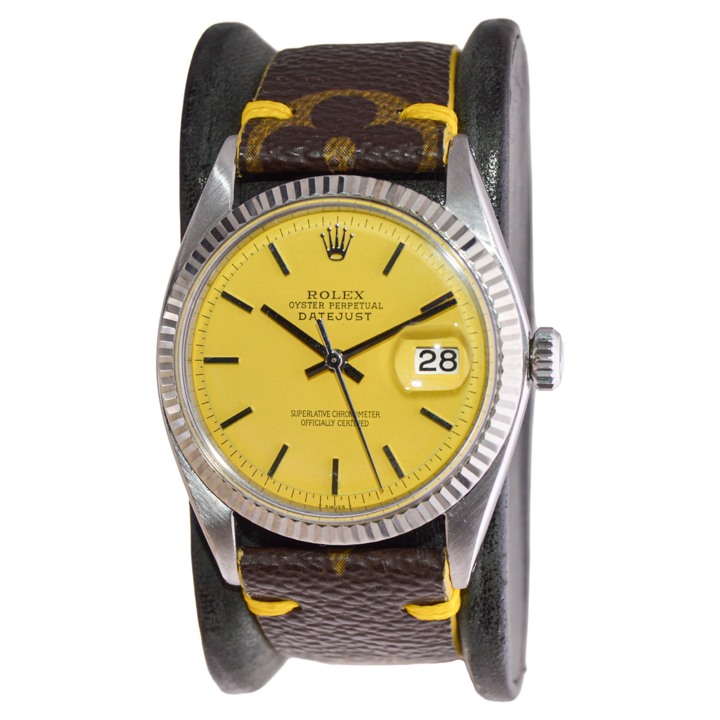 Modern Rolex Steel Oyster Perpetual Datejust with Custom Yellow Dial and LV Strap 1960s For Sale