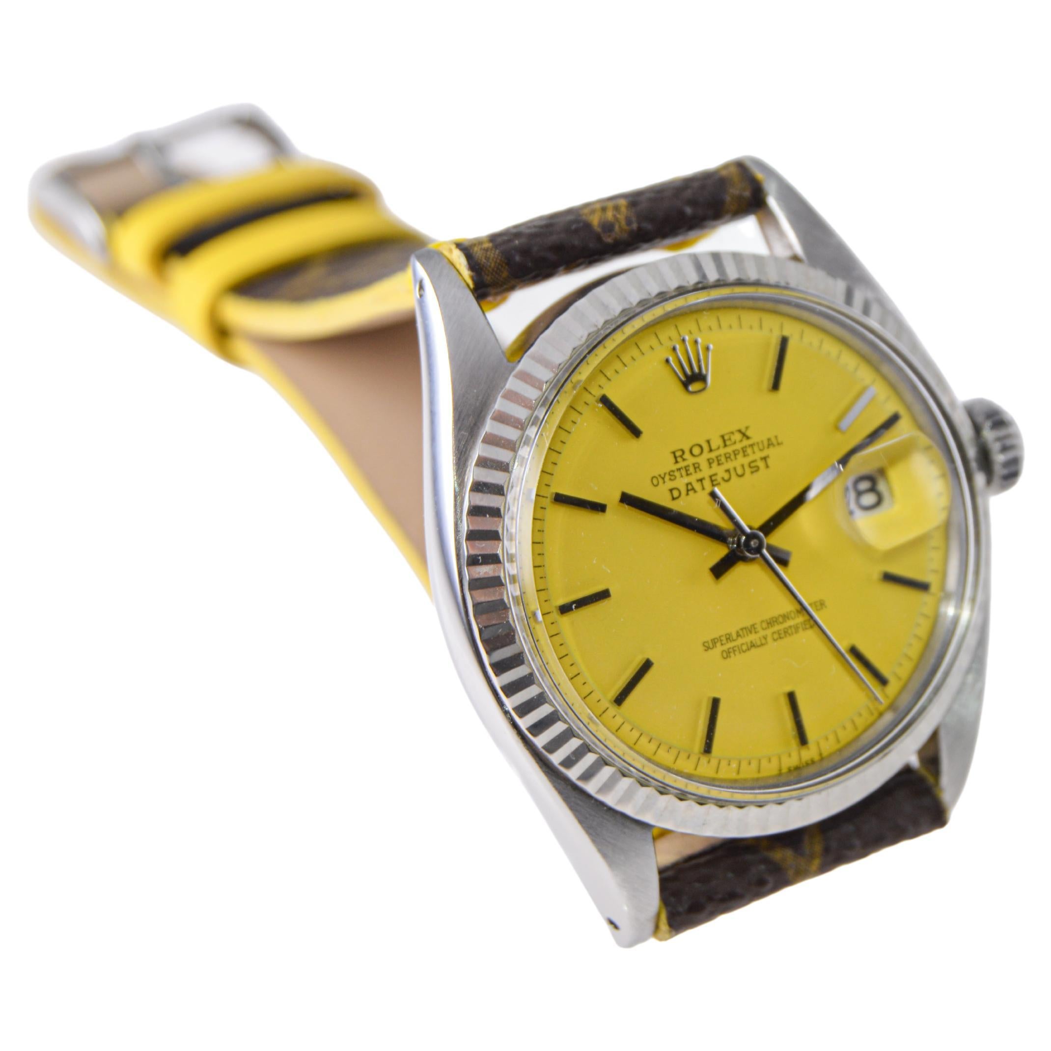 Women's or Men's Rolex Steel Oyster Perpetual Datejust with Custom Yellow Dial and LV Strap 1960s For Sale