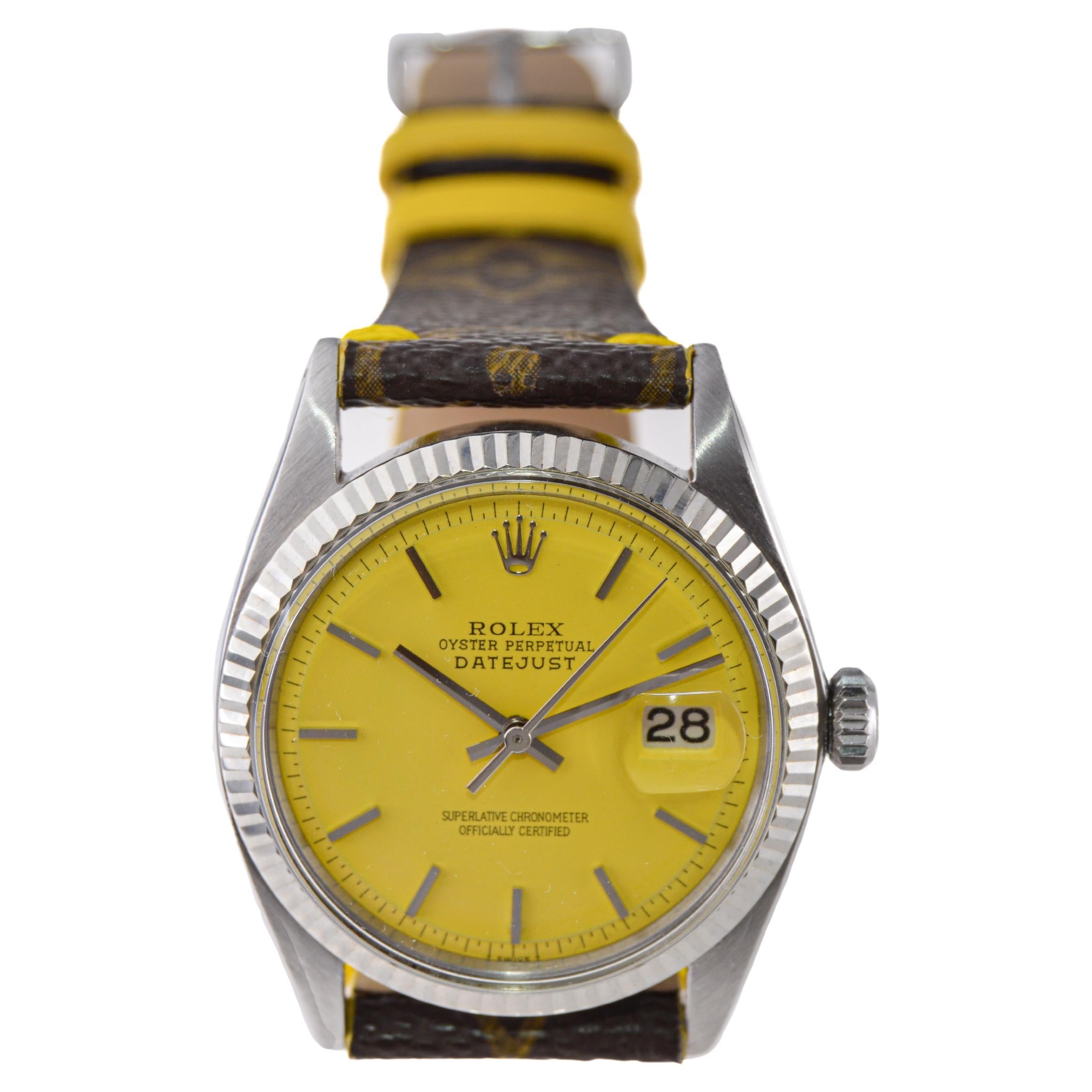 Rolex Stahl Oyster Perpetual Datejust mit maßgefertigtem gelbem Zifferblatt und LV-Riemen 1960er Jahre im Angebot 1