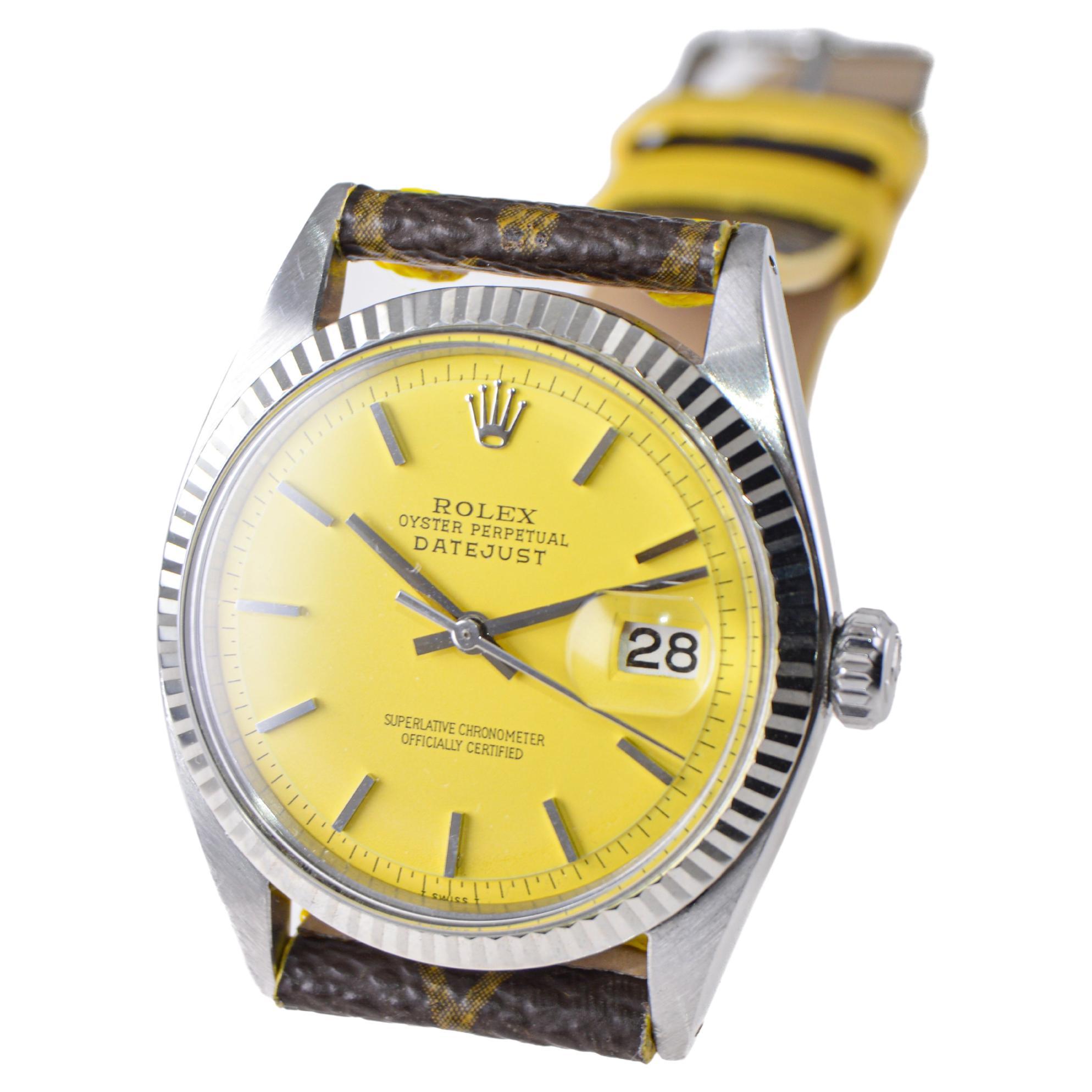 Rolex Steel Oyster Perpetual Datejust with Custom Yellow Dial and LV Strap 1960s For Sale 2