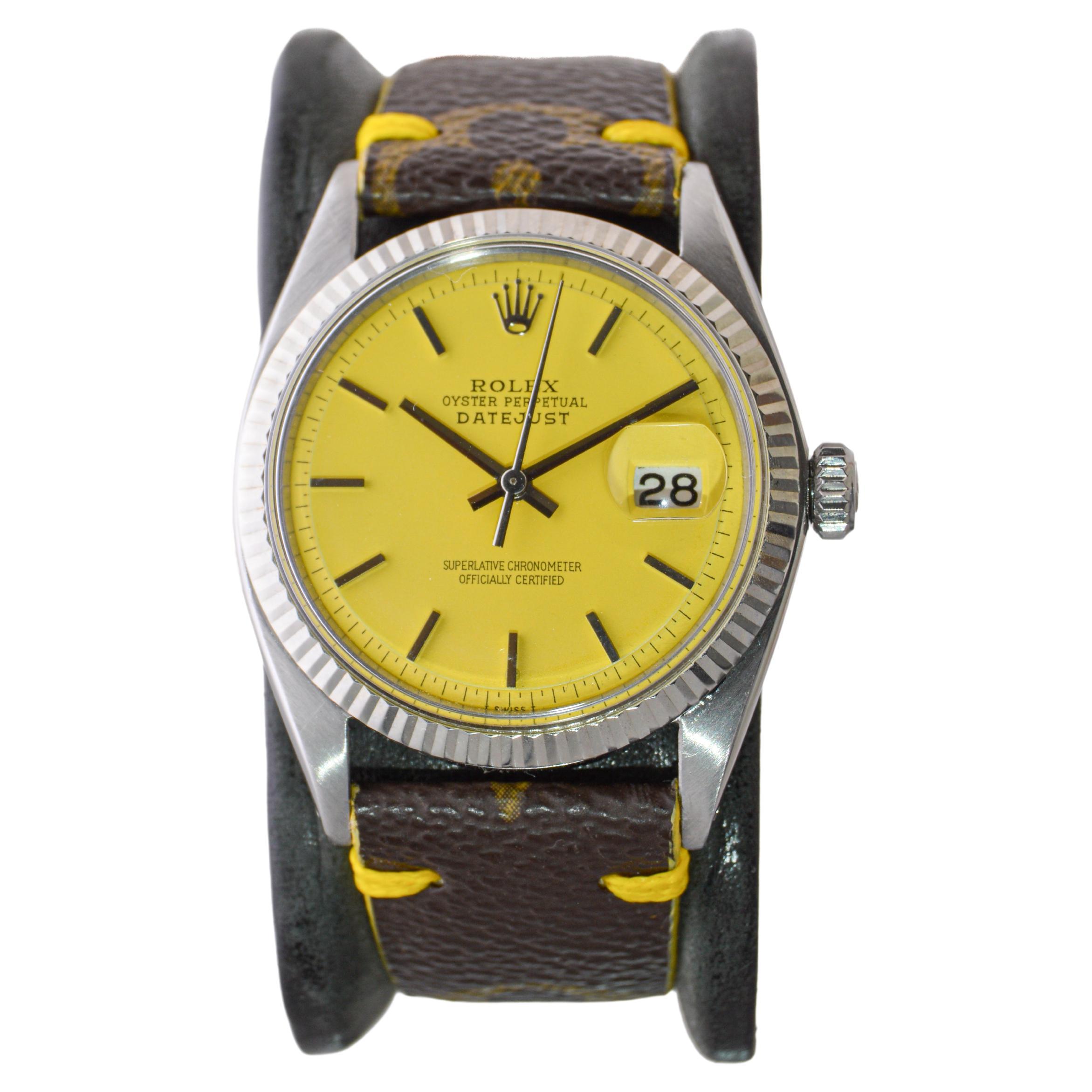 Rolex Stahl Oyster Perpetual Datejust mit maßgefertigtem gelbem Zifferblatt und LV-Riemen 1960er Jahre im Angebot