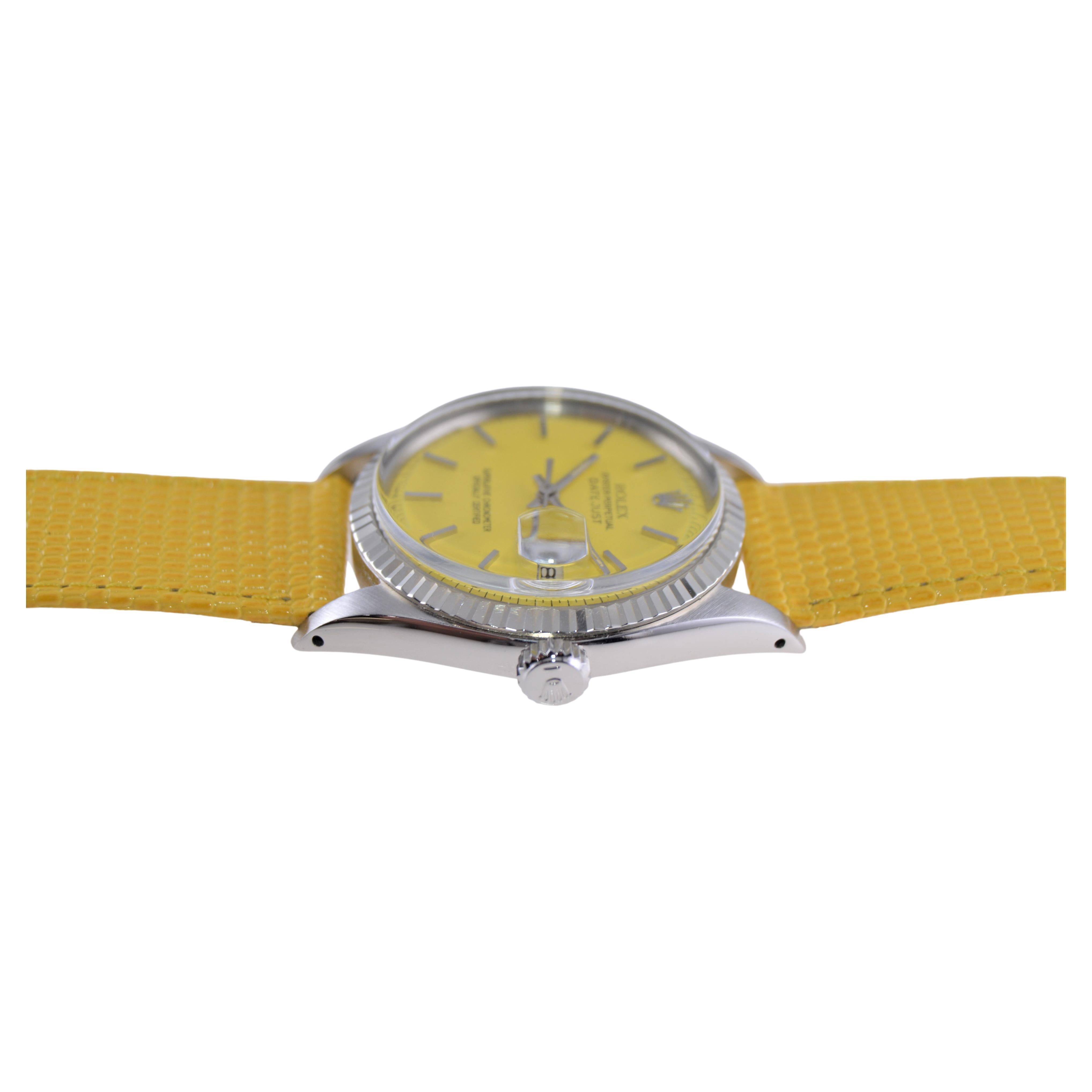 Rolex Steel Oyster Perpetual Datejust with Custom Yellow Dial and Strap 1960s 2