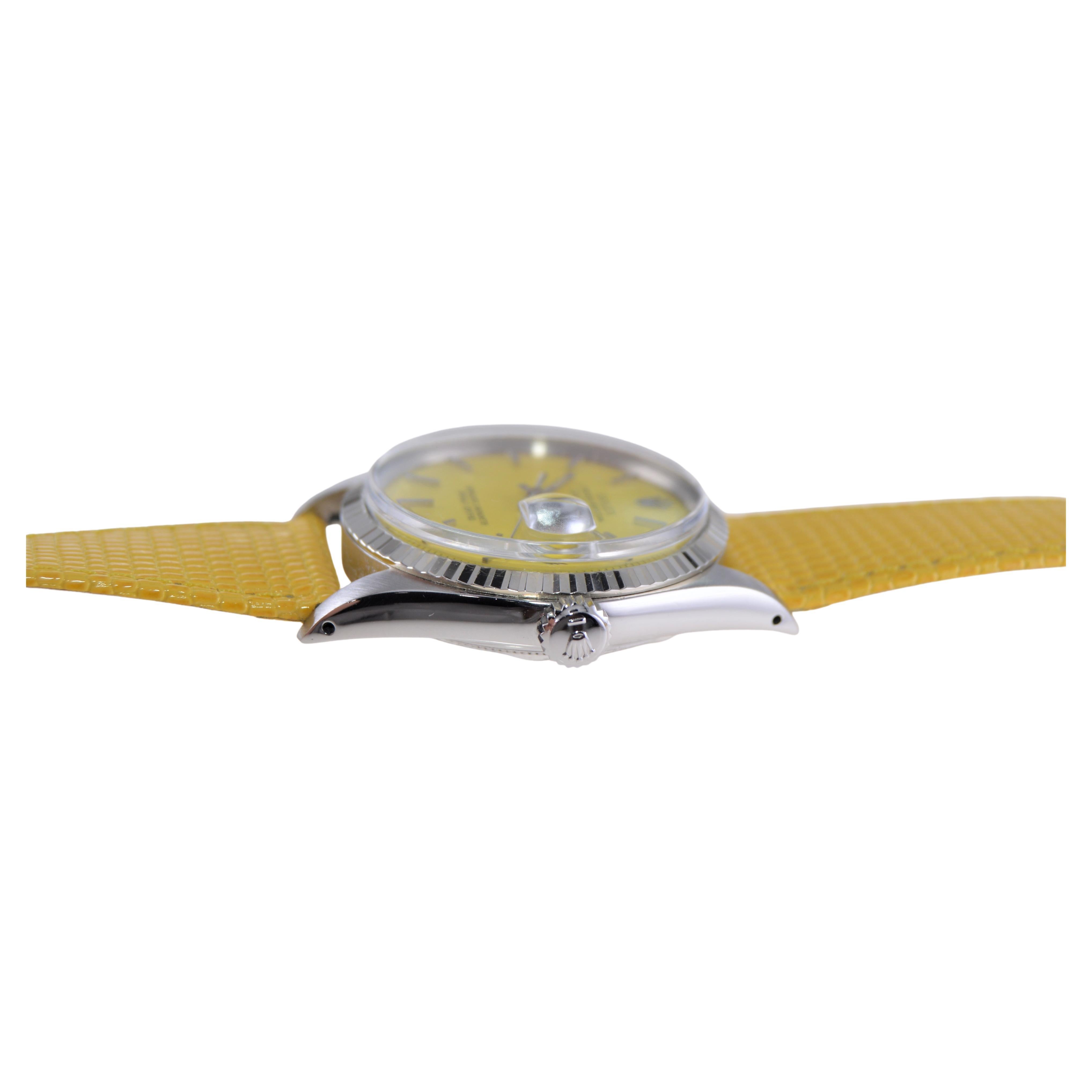 Rolex Oyster Perpetual Datejust avec cadran jaune personnalisé et bracelet des années 1960 en vente 5
