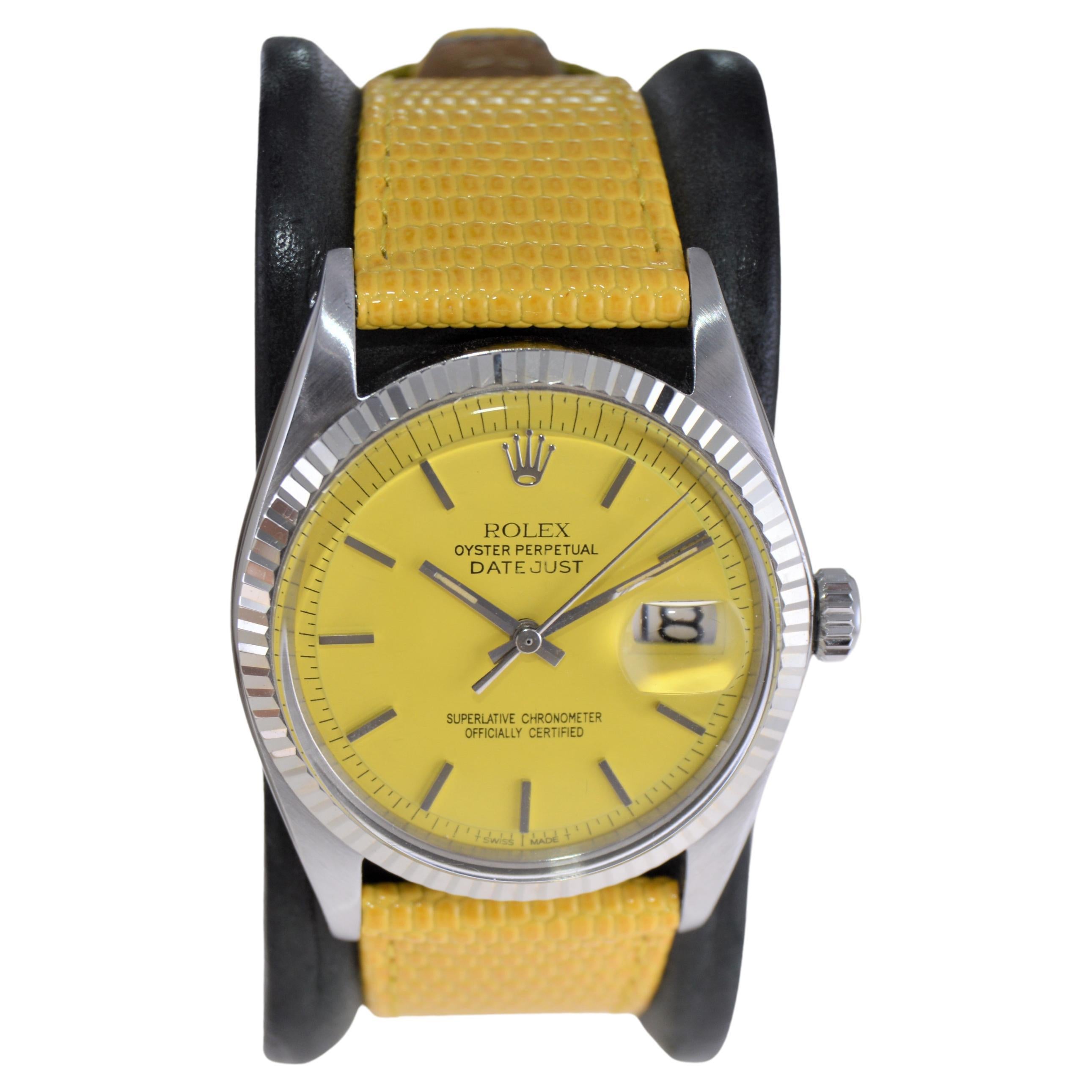 Modern Rolex Steel Oyster Perpetual Datejust with Custom Yellow Dial and Strap 1960s For Sale