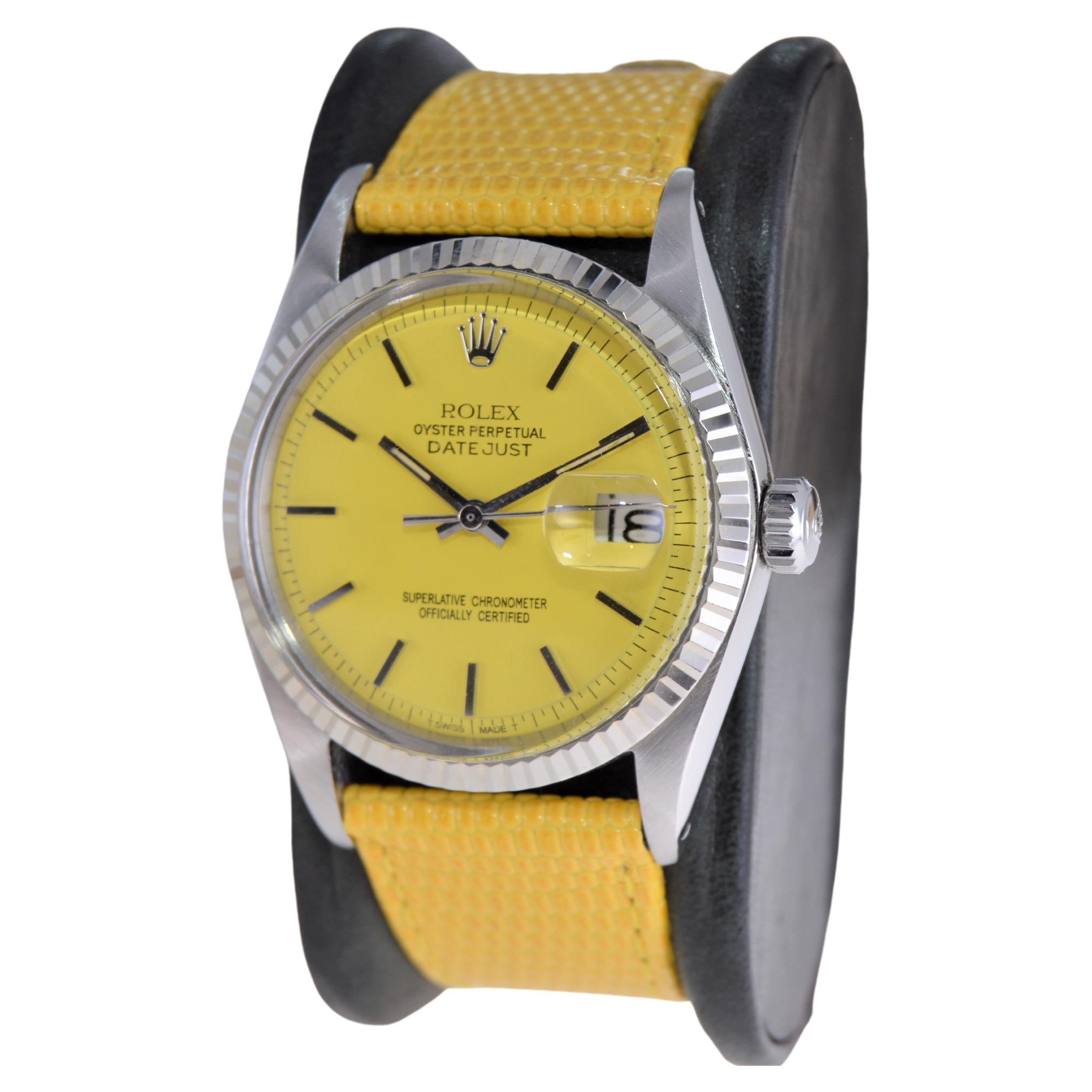 Rolex Steel Oyster Perpetual Datejust with Custom Yellow Dial and Strap 1960s In Excellent Condition For Sale In Long Beach, CA