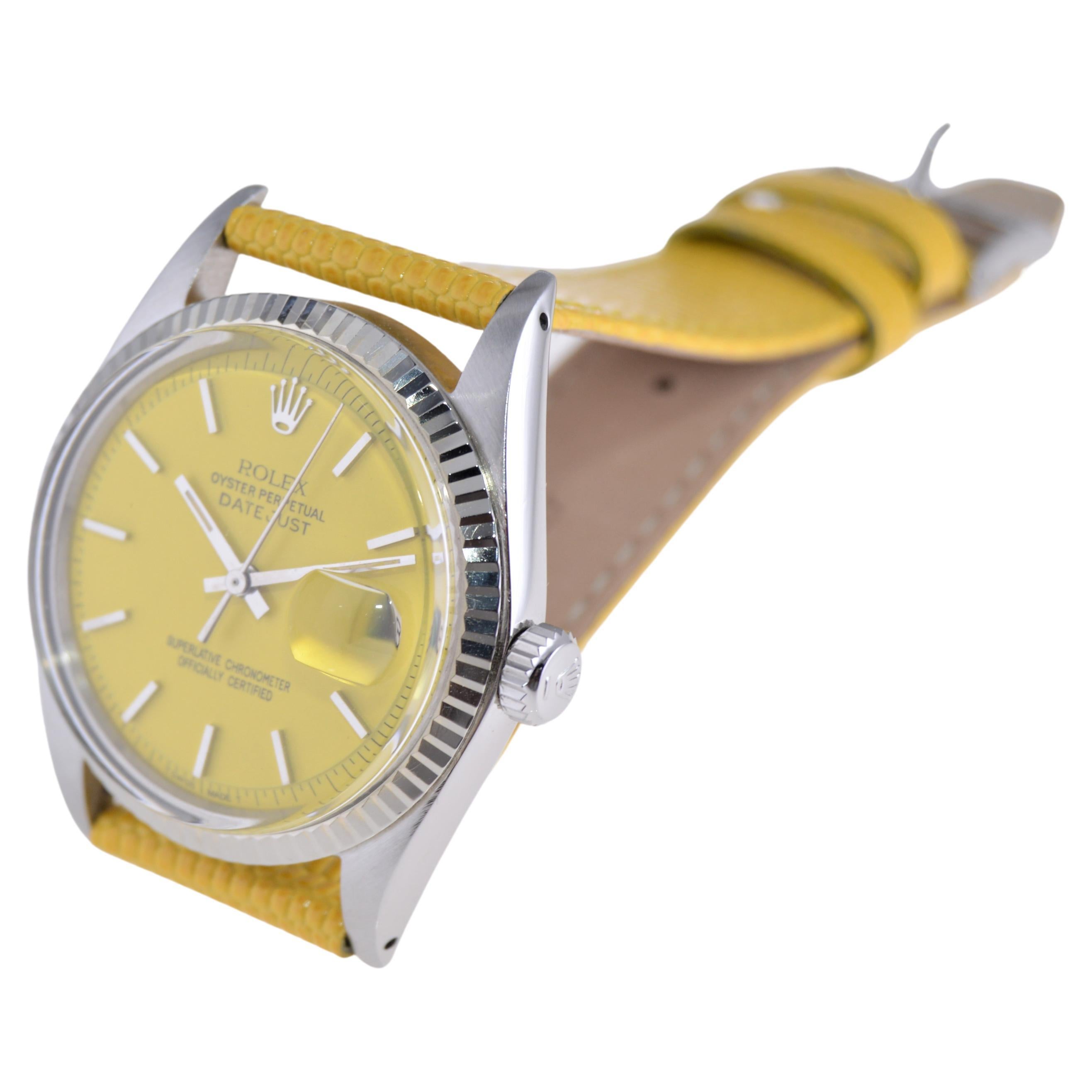 Rolex Steel Oyster Perpetual Datejust with Custom Yellow Dial and Strap 1960s In Excellent Condition In Long Beach, CA