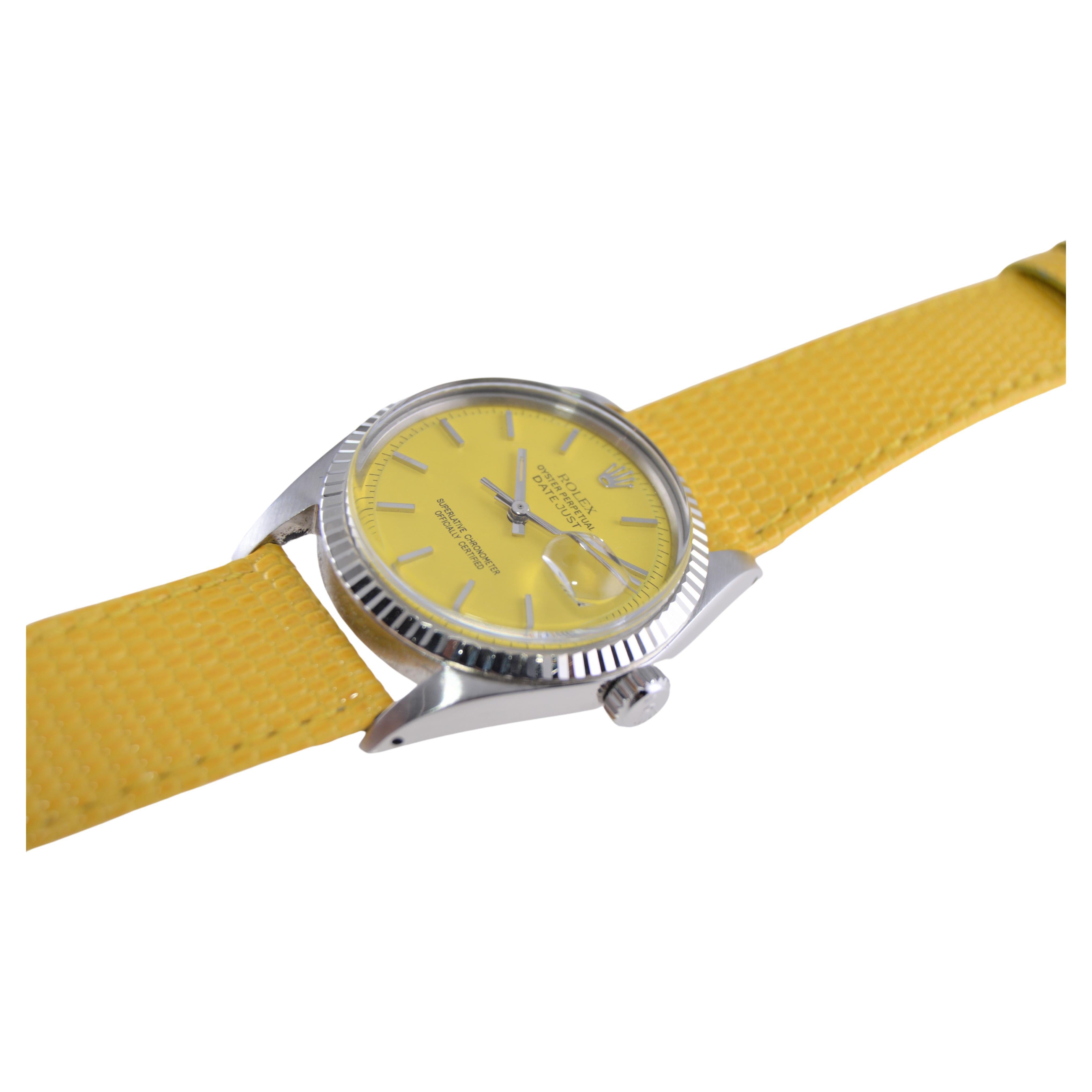 Women's or Men's Rolex Steel Oyster Perpetual Datejust with Custom Yellow Dial and Strap 1960s