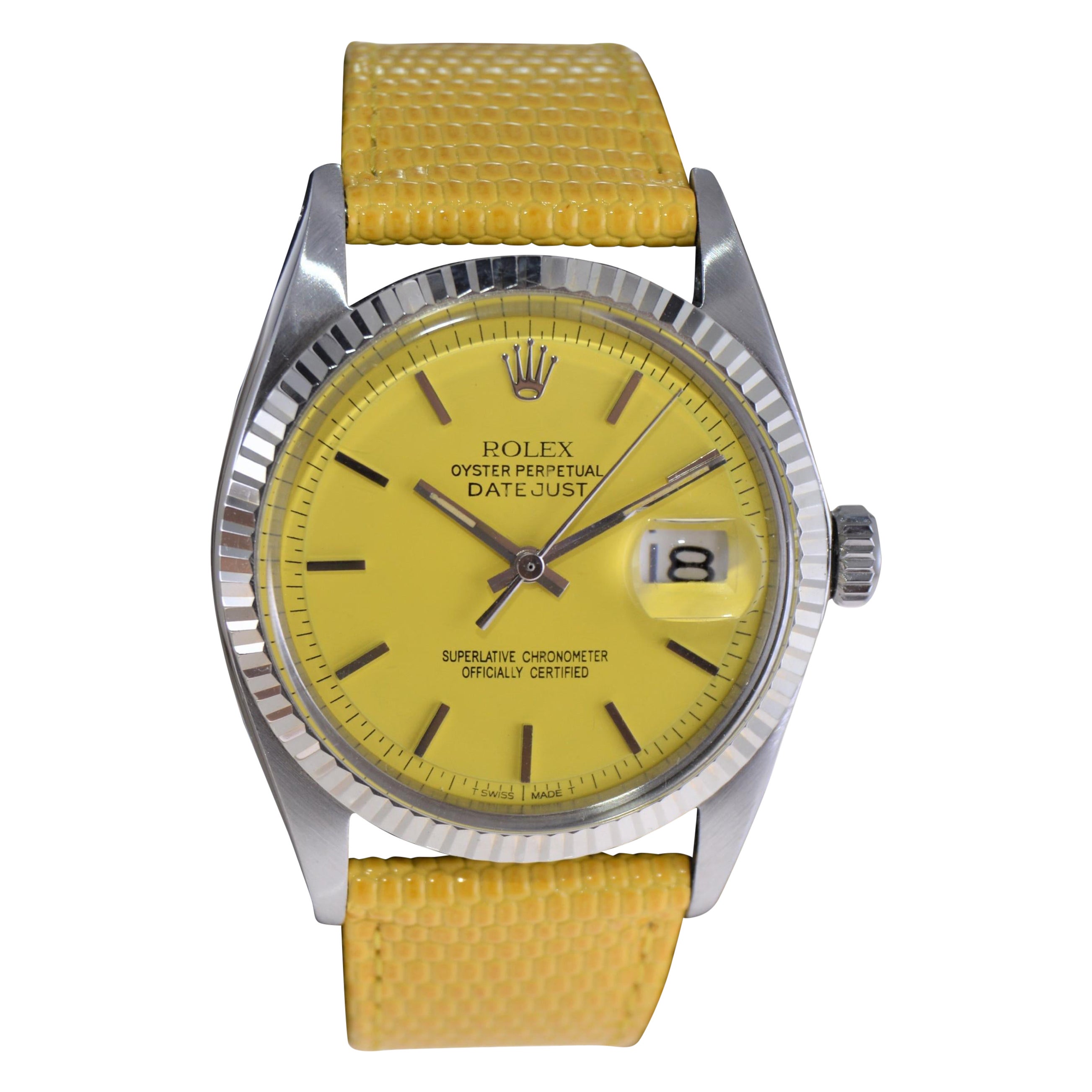 Rolex Oyster Perpetual Datejust avec cadran jaune personnalisé et bracelet des années 1960 en vente
