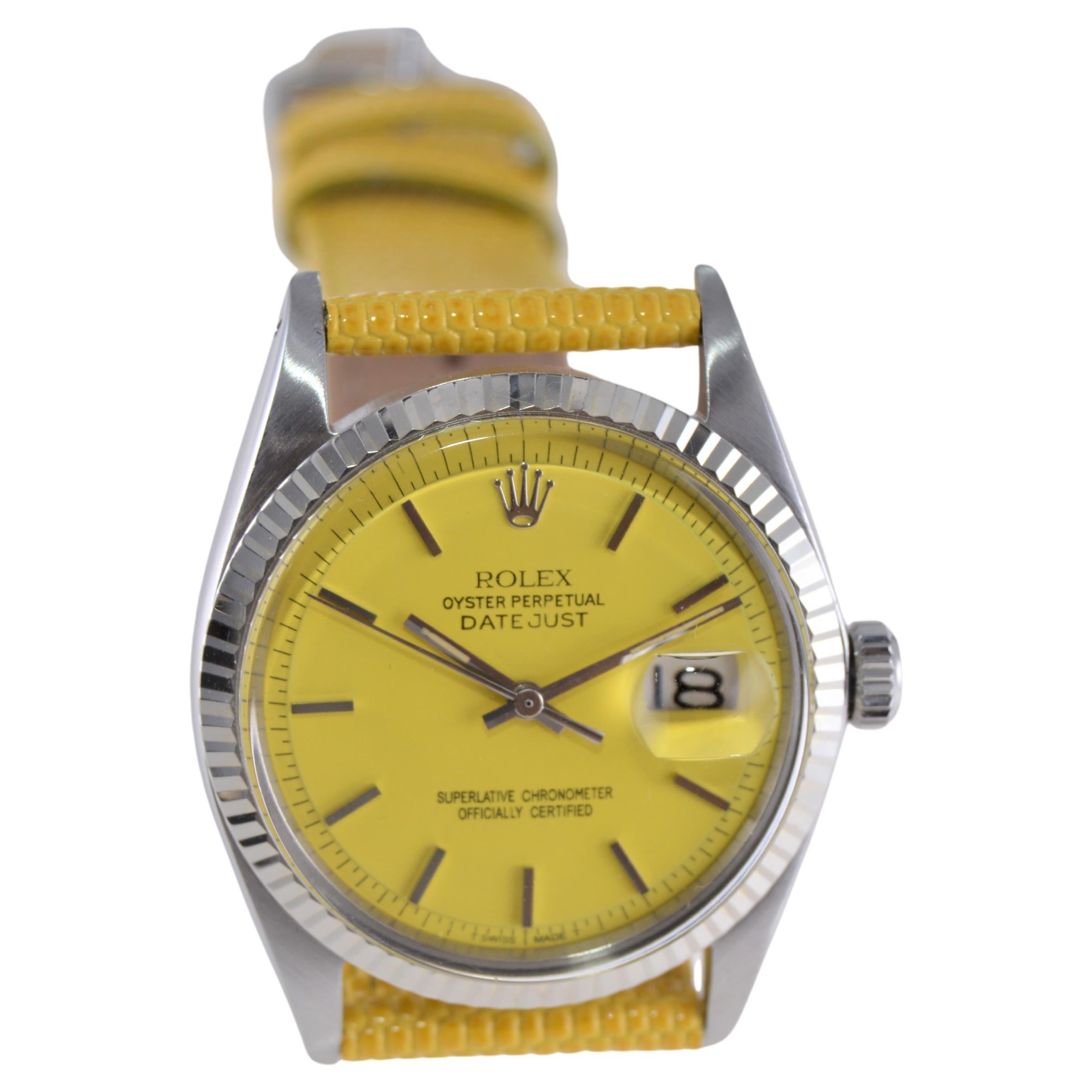 Rolex Oyster Perpetual Datejust avec cadran jaune personnalisé et bracelet des années 1970 en vente 1