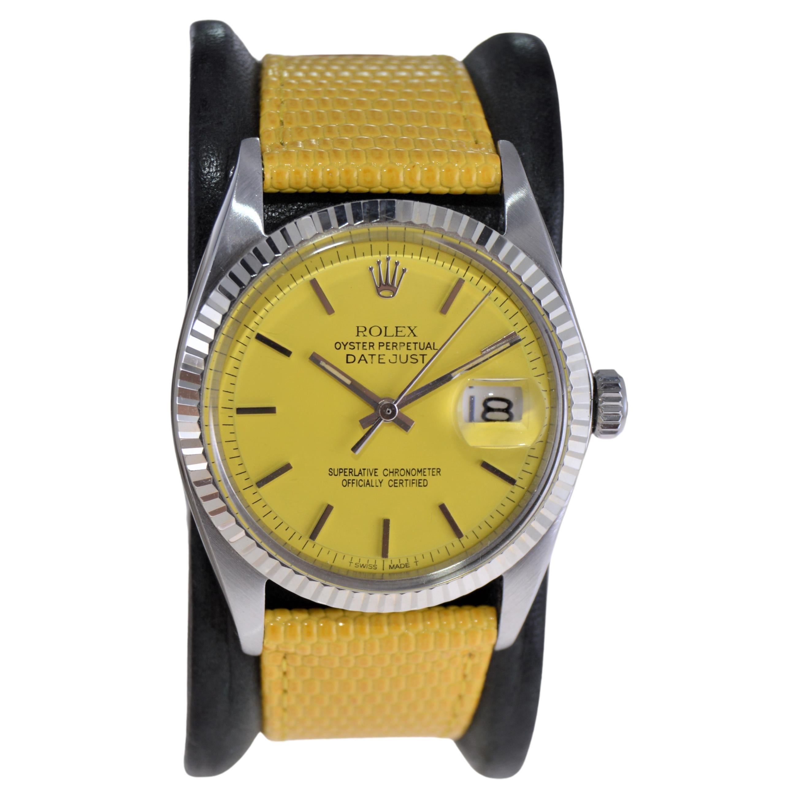 Rolex Oyster Perpetual Datejust avec cadran jaune personnalisé et bracelet des années 1970 en vente
