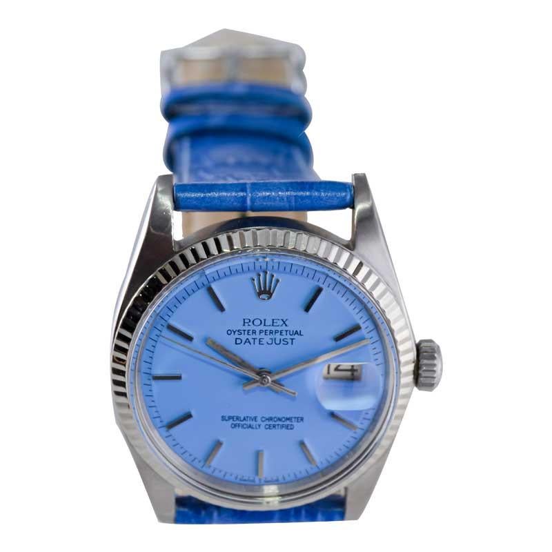 Rolex Steel Oyster Perpetual Datejust with Exceptional Custom Blue Dial, 1960's For Sale 3