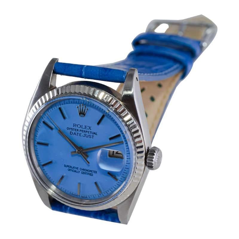 Rolex Steel Oyster Perpetual Datejust with Exceptional Custom Blue Dial, 1960's For Sale 4