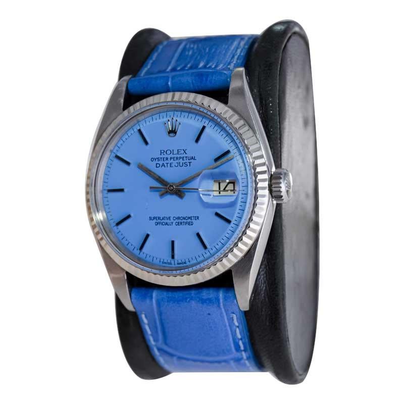 Modern Rolex Steel Oyster Perpetual Datejust with Exceptional Custom Blue Dial, 1960's For Sale